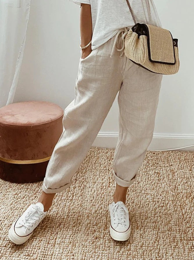 Pantalon décontracté à cordon de serrage avec poches et insert de couleur unie
